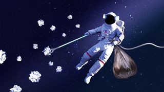 An illustration of an astronaut floating in outer space with a garbage bag while collecting garbage.